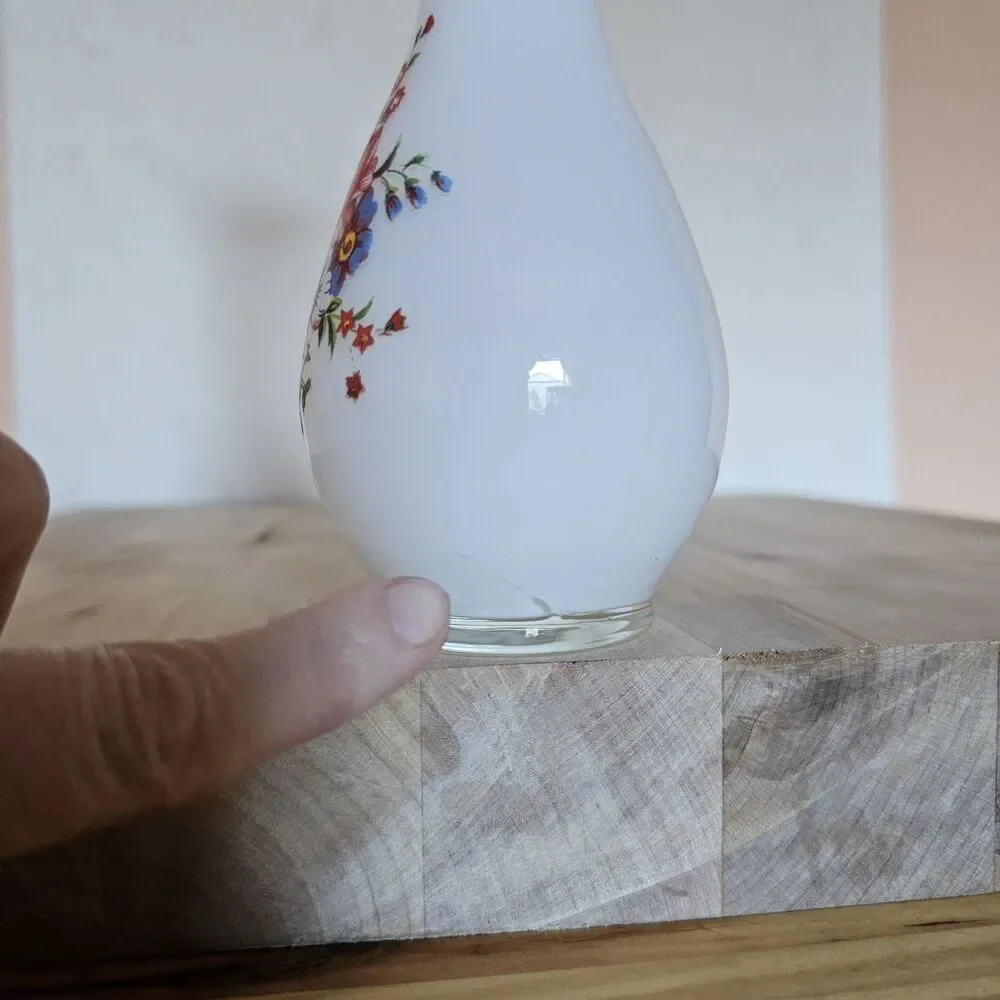Vintage Frosted Glass Bud Vase – Floral Transfer Design – Mid Century Modern